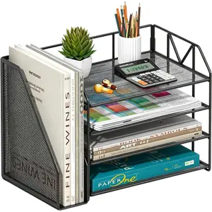 4-Tier Paper File Organizer with Drawer, Metal Desk Organizer, Tiered Paper Tray for Letter/A4 Files, Desktop Office Supplies Storage Rack, Black : Office Products