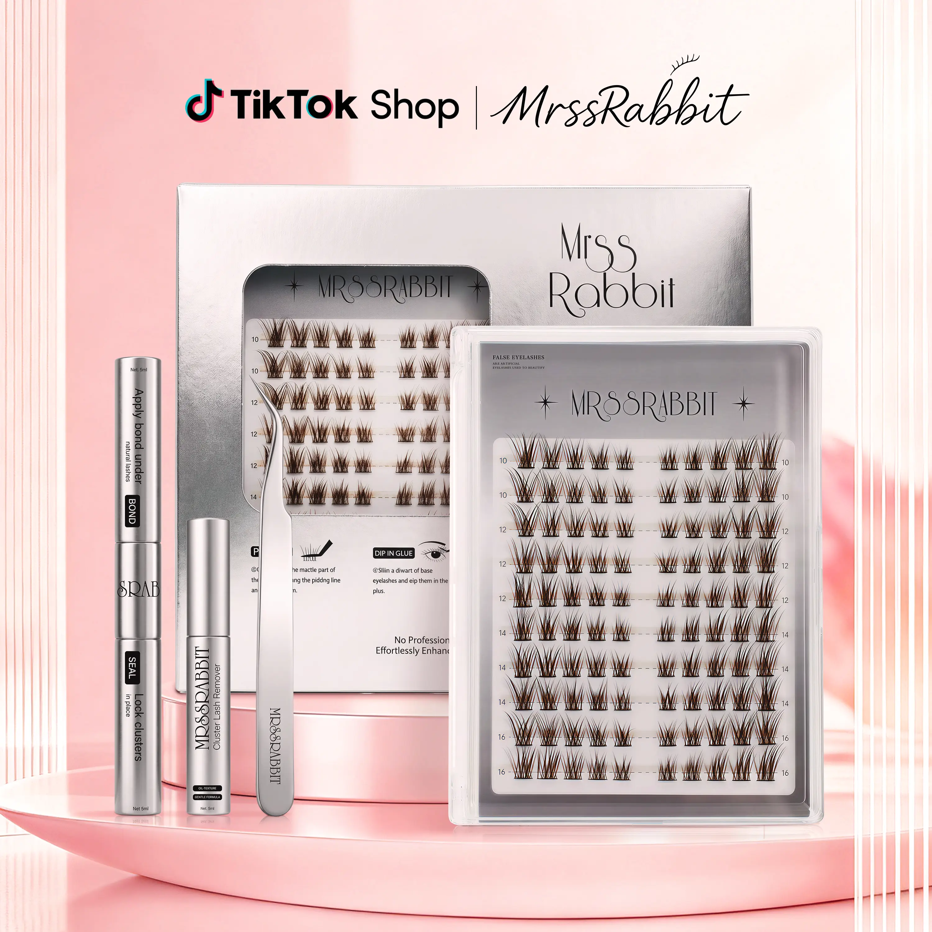 Rabbit Icon Cat Eye eyelash and full lash set, mixed lengths 10–16 mm, no in-store extension skills needed; fluffy D curl dynamic individual cluster extensions; easy at-home makeup application—set includes adhesive, lash remover, and tweezers; multi-size