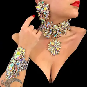 Stonefans Rhinestone Flower Jewelry Set for Women - Exaggerate Drag Queen Accessories with Necklace Earrings And Bracelet Set