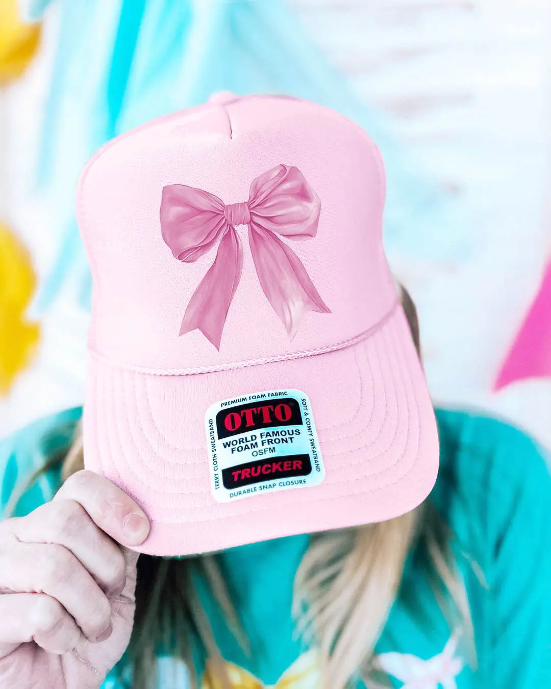 Pink Watercolor Bow Otto Soft Pink Foam Front Trucker Hat Preppy Bow Coquette Bow