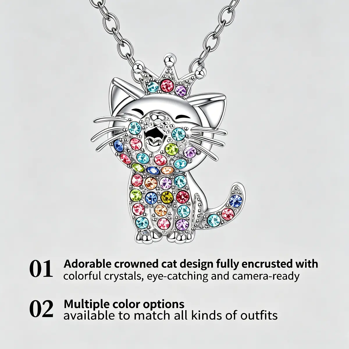 Kawaii Cartoon Kitty Necklace with Colorful Shimmering Crystals, Hypoallergenic Silver Tone Alloy Chain, Aesthetic Jewelry Gift for Cat Lovers, Daily Wear, Colorful Crystals, Lightweight, Pendant Covered In Shimmering Crystals
