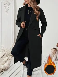 Women's Classic Casual Minimalist Basic Long Wool Coat with Belt Waistband Decoration, Stylish Fall & Winter Outerwear, Perfect for Everyday Wear
