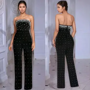 Jumpsuit for Women Sparkly Rhinestone Mesh See Through Hot Drilling Process Bodycon Party Club Night Romper
