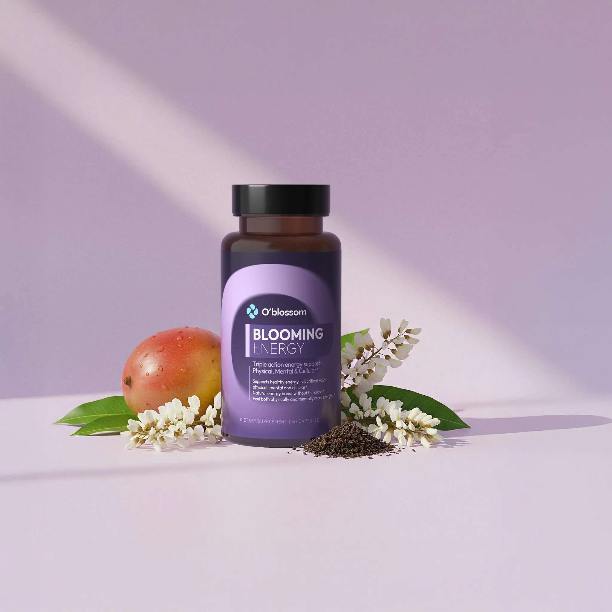 O'blossom Blooming Energy Antioxidant Supplement – Natural 3× Longer-Lasting Energy with Next-Generation Mango Extract (Zynamite), InnovaTea Caffeine, L-Theanine, Quercetin & Rhodiola Rosea for Focus, Mood & Stress Support – Gluten-Free, Vegan, Non-GMO