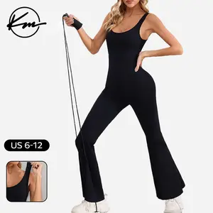 KatchMe Women's Workout Sleeveless Slim-Fitting Flared Shaping Jumpsuit, Basic Solid Color U Neck Seamless Sportswear, Butt-Lifting Shapewear（US）