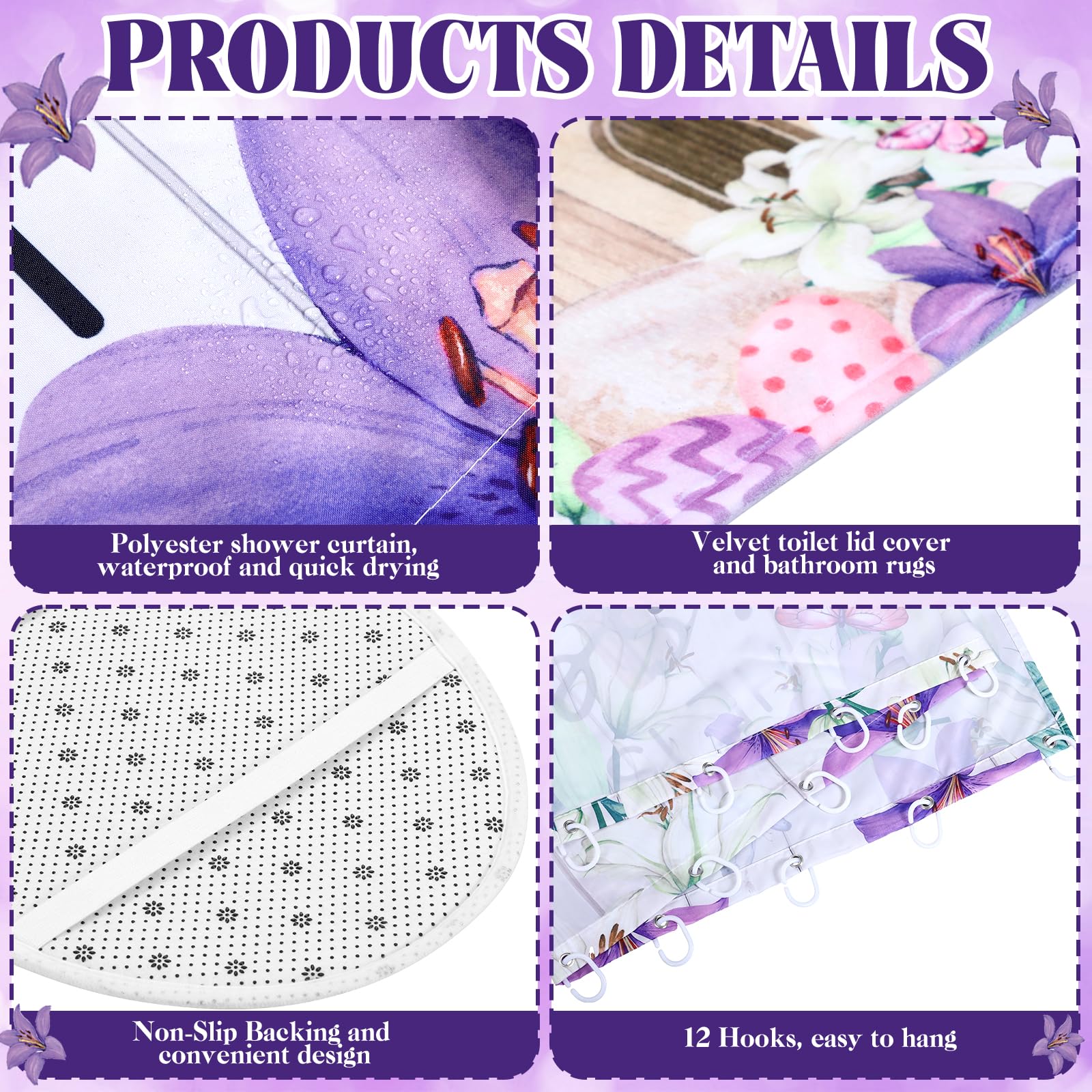 4/8Pcs Easter Bunny Bathroom Decor Set including 70x70in Waterproof Bunny Flower Shower Curtain with Hooks & Non Slip Bath Mat & U shaped Rug & Toilet Lid Cover for Spring Bathroom Makeover Home Supplies