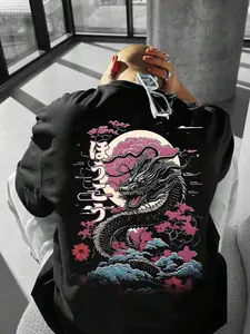2026 Men's Fitted Dragon Graphic Short Sweatshirt, Japanese Casual Style Ukiyo-E Design, Perfect for Spring & Autumn Outings and Cultural Events