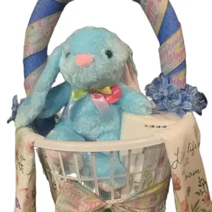 Cleaning Easter Basket - Decorative Basket with Blue Plush Easter Bunny, Decorative Elements, and "Happy" Message