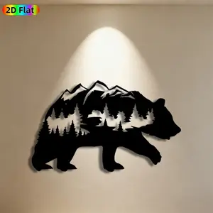 1pc Bear & Mountain Metal Wall Art, Majestic Bear Statue Mural, Ideal Gift for New Year, Christmas, Wilderness Decor Enthusiasts, Weather-Resistant Metal Wall Decor Wall Sculptures, Perfect for Outdoor Fence & Indoor Living Room Wall