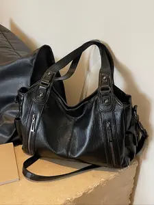 Relaxation style retro simple casual tote bag, large capacity versatile, niche design, multi back single shoulder handbag, multi zipper design, suitable for daily commuting, shopping in the mall, dating