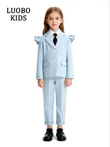 【LUOBOKIDS】Girls Blue Suit Set, Cute Performance Jacket, Includes Coat Pants Tie, All Seasons Thick Woven Fabric