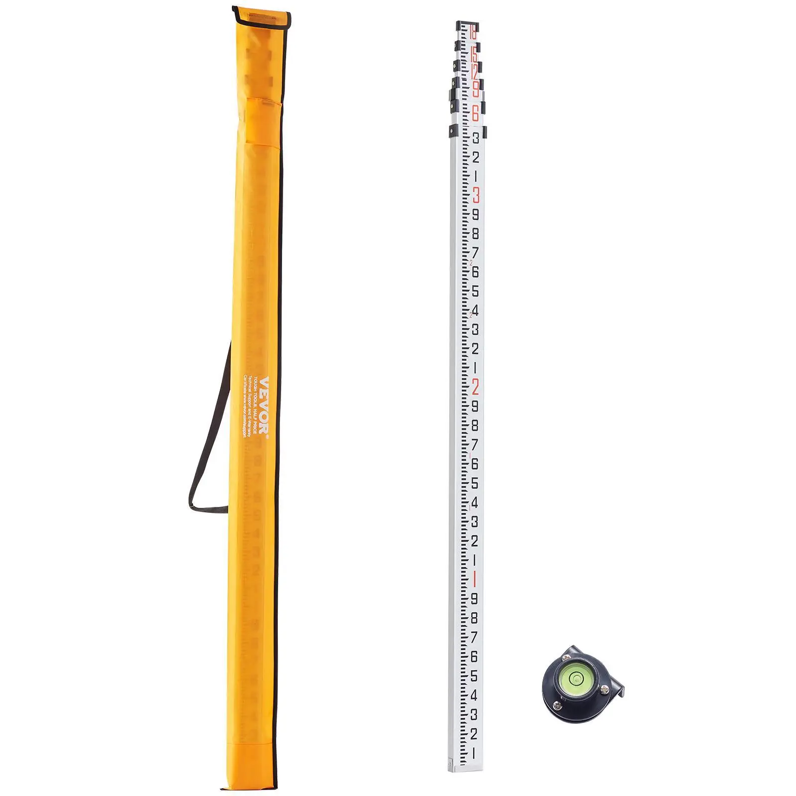 【summerfinds】VEVOR Aluminum Grade Rod, 18-Feet/10ths 6 Sections Telescopic Measuring Rod,Double-Sided Scale 1/10ft Leveling Rod Stick,Aluminum Alloy Survey Rod w/ Bubble Level &Carrying Bag for Houses,Walls,Floors