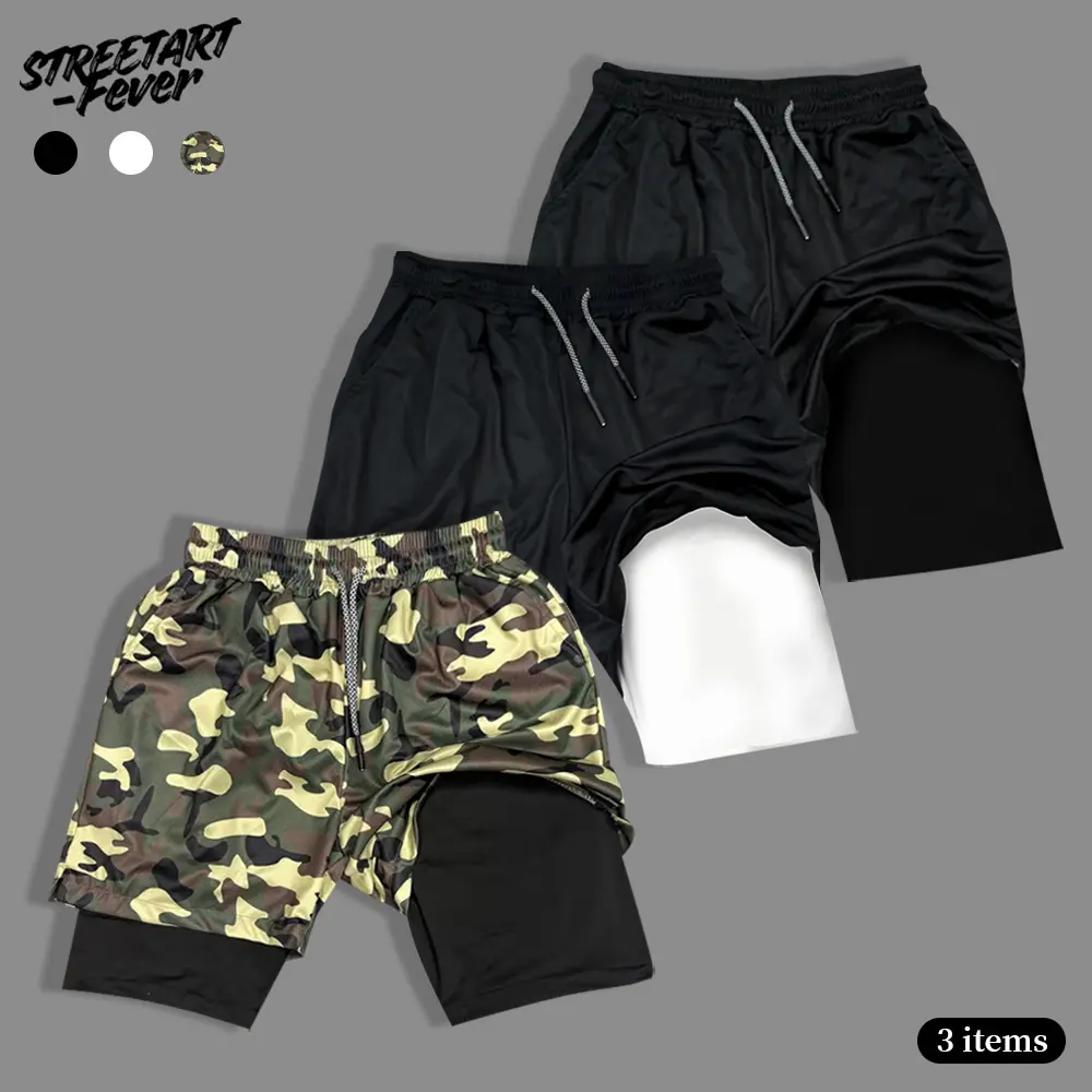 Men's 2 in 1 Double-Layer Graphic Activewear Shorts - Black/Camo Streetwear, Elastic Waistband, Slim Fit; Choose 1 Size Up for Loose Fit, Ideal for Gym & Daily Wear, 2 In 1 Men's Shorts, Activewear Men's Shorts