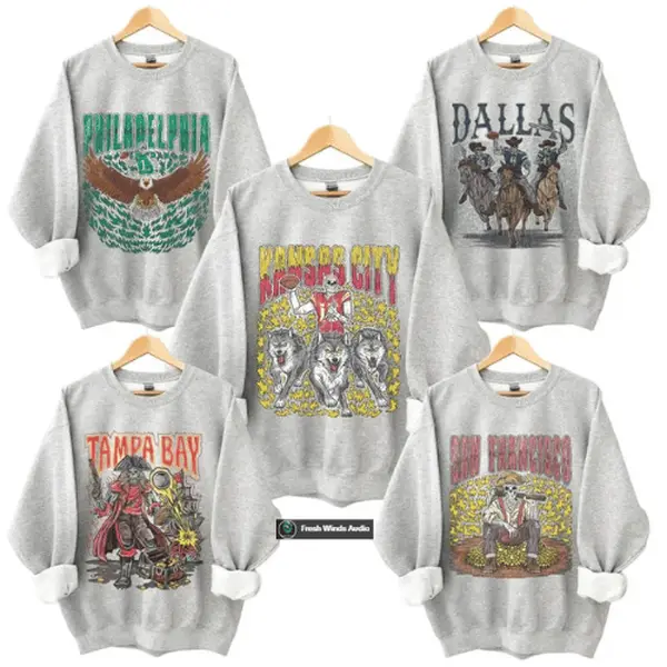 Women's Retro Skeleton All Teams Football Crewneck Sweatshirt - Unisex Casual Long Sleeve, Spandex Stretch Fabric, Vintage Graphic, Soft Menswear-Inspired Hometown Sport Top