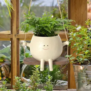 Cute Swing Hanging Resin Head Planter for Indoor/Outdoor Plants with Drainage Hole for Home Decor