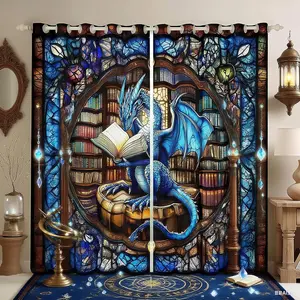 Western Dragon Kids Blackout Curtains,Blue Dragon Reading Book Bookshelf Window Drapes for Boys Girls,Geometric Patchwork Abstract Trippy Chic Window Treatments Grommet Top 2 Panel Set