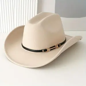 [Stylish Cowboy Hat] 1pc Stylish Beige Cowboy Hat - Wide Brim Fedora with Black Belt & Golden Buckle for Western Events, Parties, Cosplay, Graduations, and Festivals, Cosplay Headgear | Decorative Belt Hat | Lightweight Hat, Cowboy Accessor