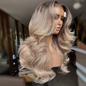 Ombre Ash Blonde with Dark Brown Roots 13x6 Lace Frontal Real Human Hair Wigs Pre Plucked Transparent Hd Lace Front Body Wave Ombre Blonde Colored 180% Density Wigs