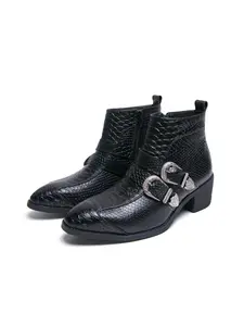 Men High Top Boots PU Pure Ribbon Buckle Pointed Low Heel Fashionable Classic Black Men Boots