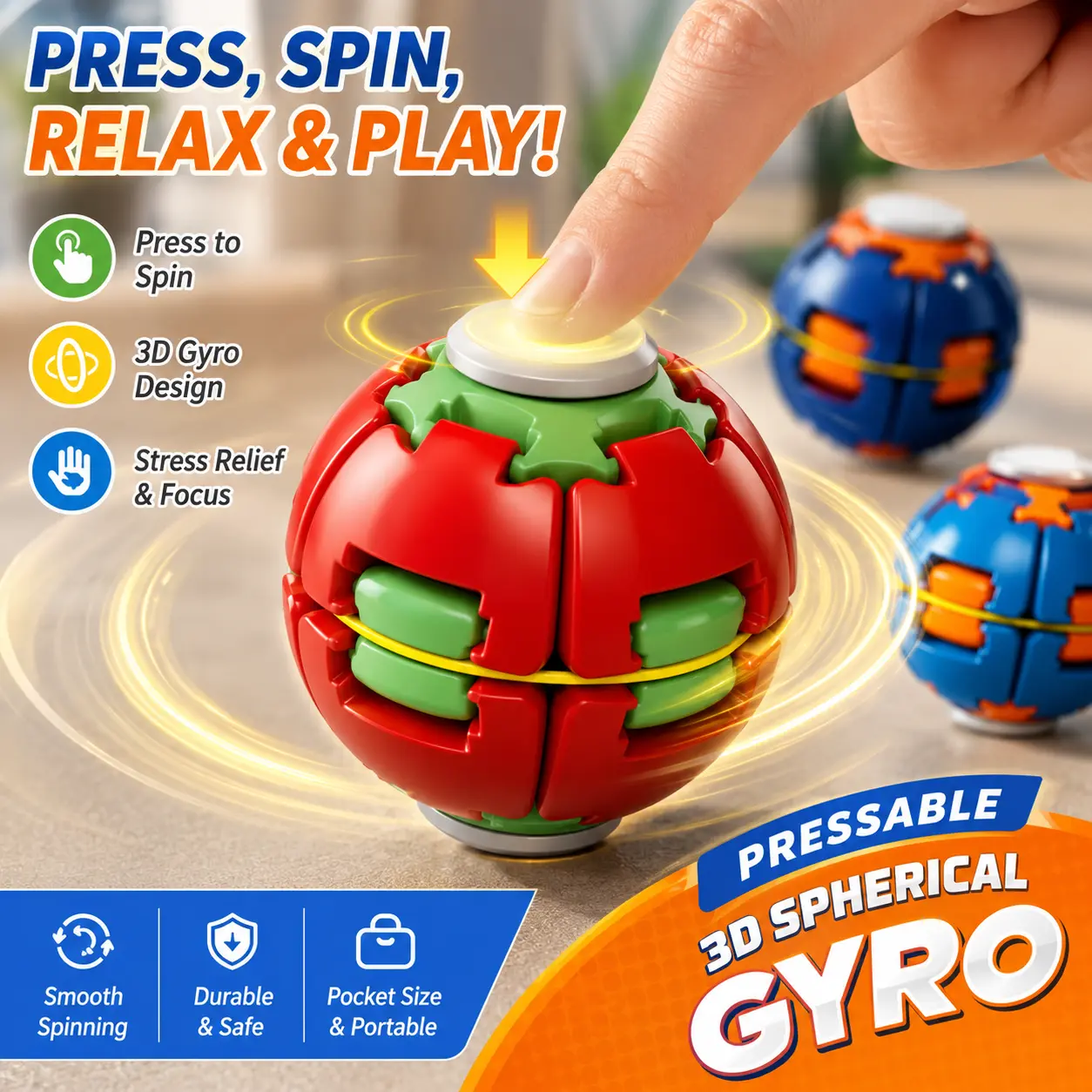 2026New 3D Press Spherical Gyro Super Popular Smooth Round Spinning Fidget Toy for Adults Office Mini Stress Relief Toy Family Party Game Prop Funny Novelty Gift for Birthday New Year Halloween & Christmas