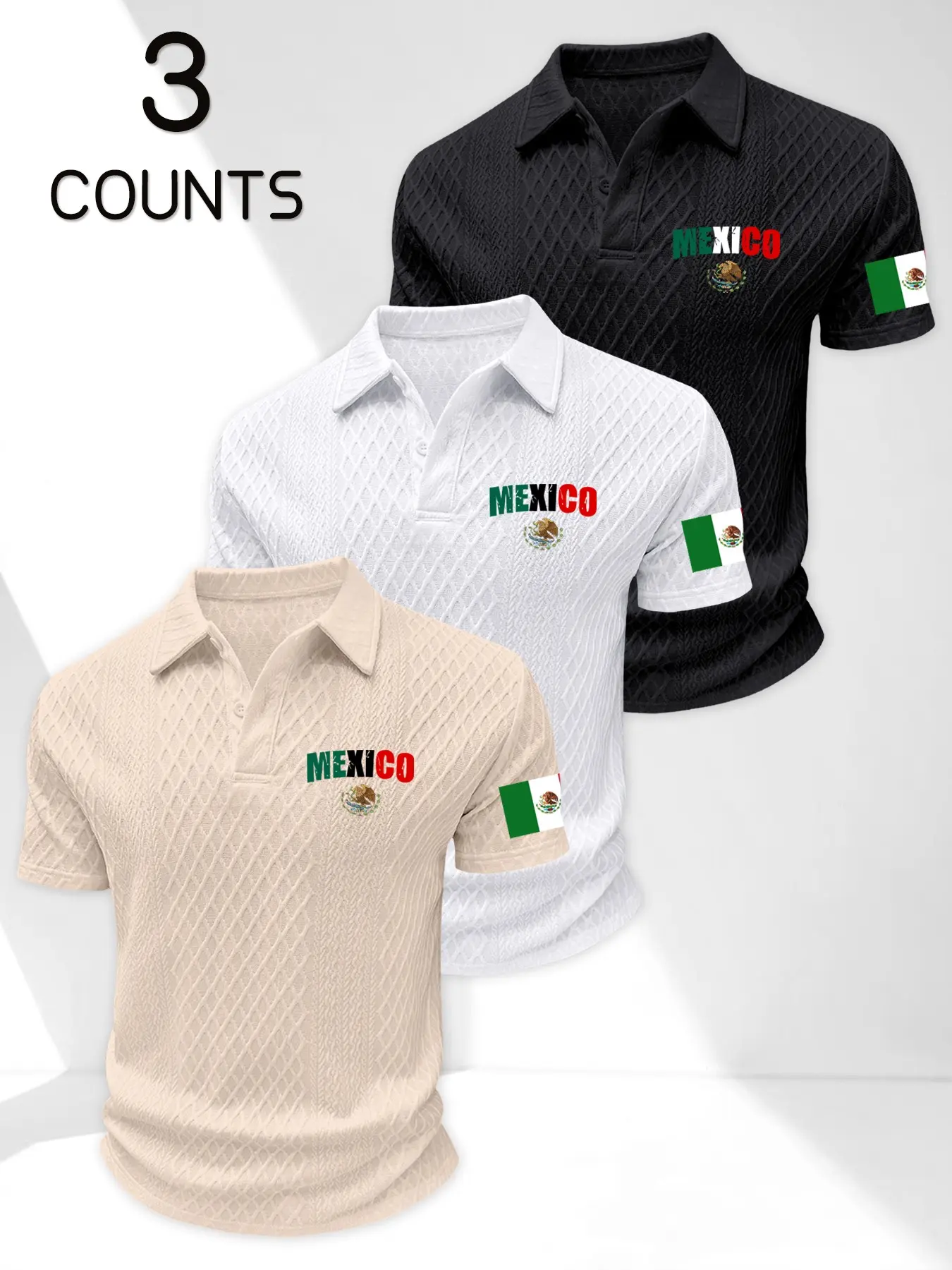 Men's Mexican Flag Print Polo Shirt, 3-Pack Polo Shirt Set, Summer Breathable Short Sleeve, Summer Polo Shirts, Short Sleeve Polos, Fitted H-Type, Fashion Casual Top, Long Length