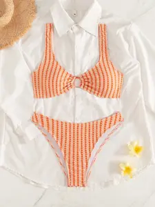 Women's Summer Sexy Colorblock Striped Bikini Set, Hollow Out Front Wide Shoulder Strap Swimsuit, Casual Fitted Swimwear