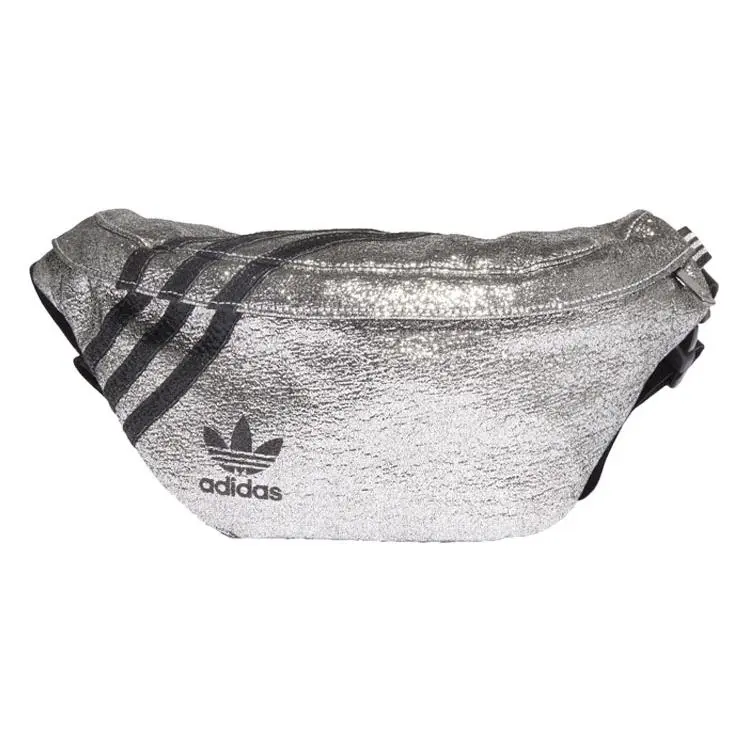 Adidas Originals Metallic Glitter Waist Bag with Classic Three Stripes, Unisex Polyester Chest and Waist Pack in Silver and Black Zipper Fanny Pack Adjustable Waistband Bag