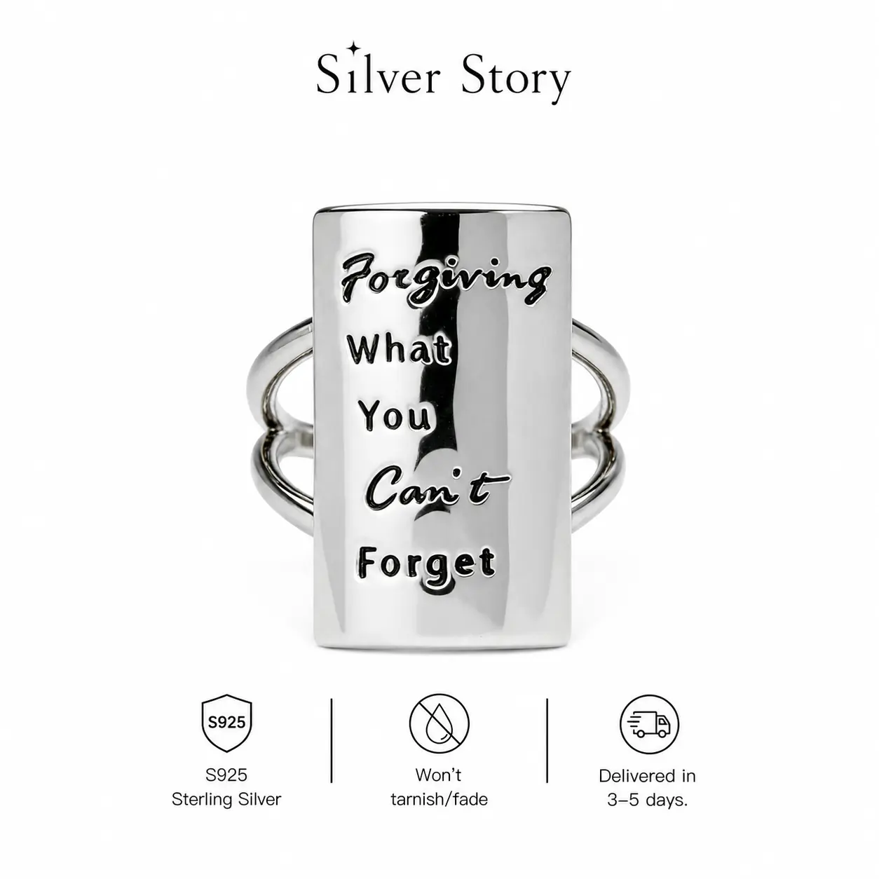925 Sterling Silver Inspirational Statement Ring - Square Band Healing & Forgiveness Jewelry for Emotional Well-Being, Non-Adjustable Minimalist Motivation Ring, Meaningful Anniversary Gift for Women, Everyday Wear for Friends, Healing And Self-Compassion