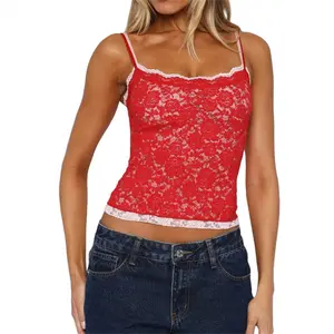 Women Y2K Lace Crop Cami Top Sleeveless Color Block Strappy Sheer Mesh See Through Tank Top RetroFit Fake Two Piece Camisole Going out Tops