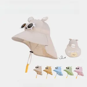 Kids' Summer Sun Hat | Boys & Girls Outdoor Shawl Sunscreen Visor | Cartoon Cute Big Brim Bucket Hat with Sunglasses