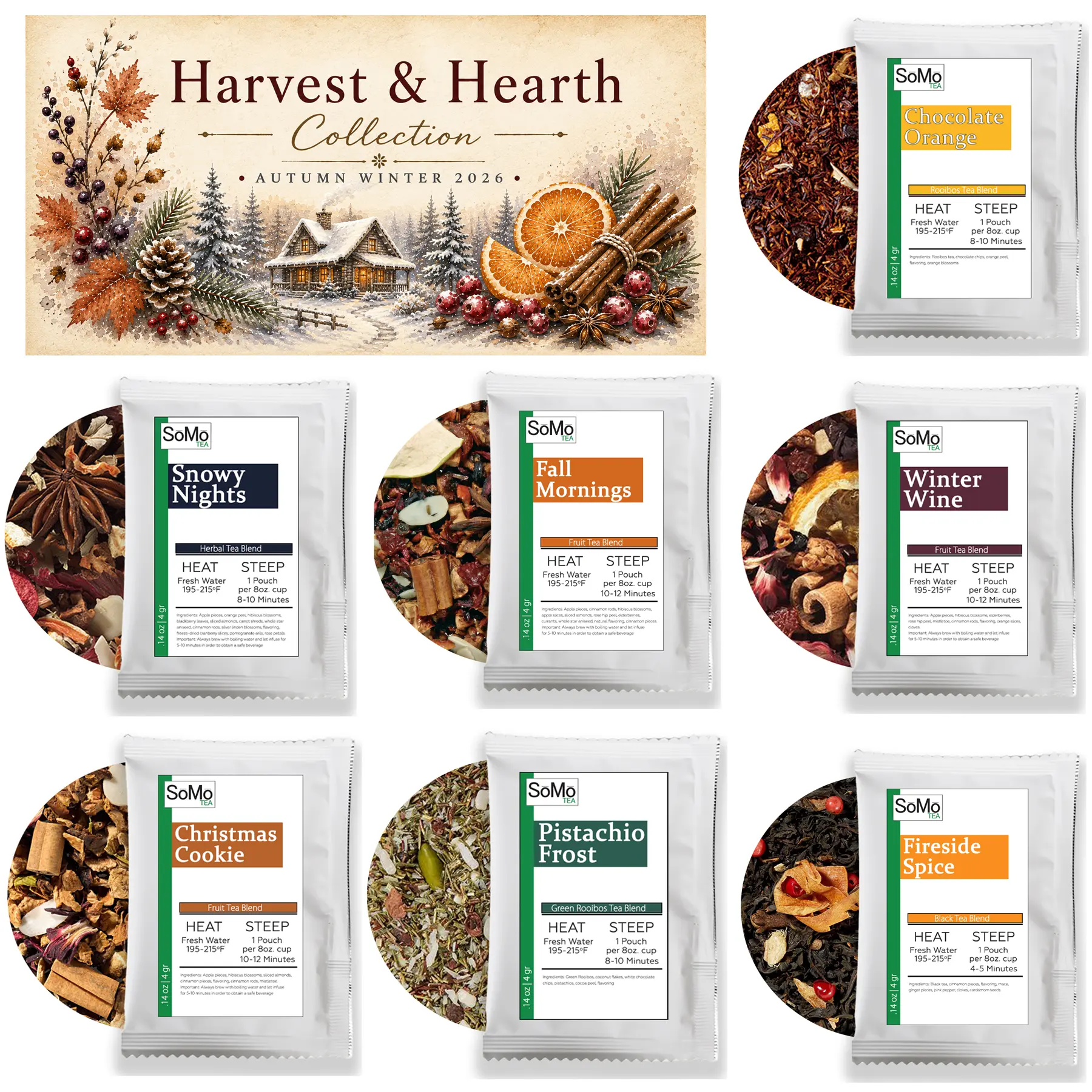 SoMo Tea Harvest & Hearth Loose Leaf Tea Sampler Pack - Fruit, Herbal, Black, Rooibos Varieties
