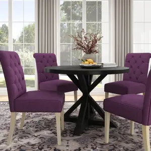 [Bellemave]Banff 5-piece Dining Set, Cross-Buck Round Table with 4 Tufted Chairs, Purple
