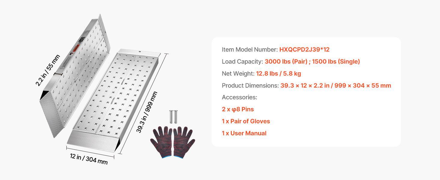 VEVOR Aluminum Trailer Ramps, 2PCS 39 x 12 in, Heavy-Duty ATV Ramp Set with Anti-Slip Plates, 3000LBS Combined Capacity Loading Ramps for Motorcycles, Lawn Mowers, Farm Tractors, Carts