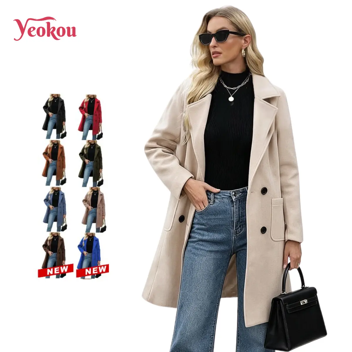 Yeokou Women's Double-Breasted Wool-Blend Fabric Peacoat - Elegant, Thick, Warm Mid-Length Winter Overcoat with Notch Lapel, Black, Blue, Chic Work, Button