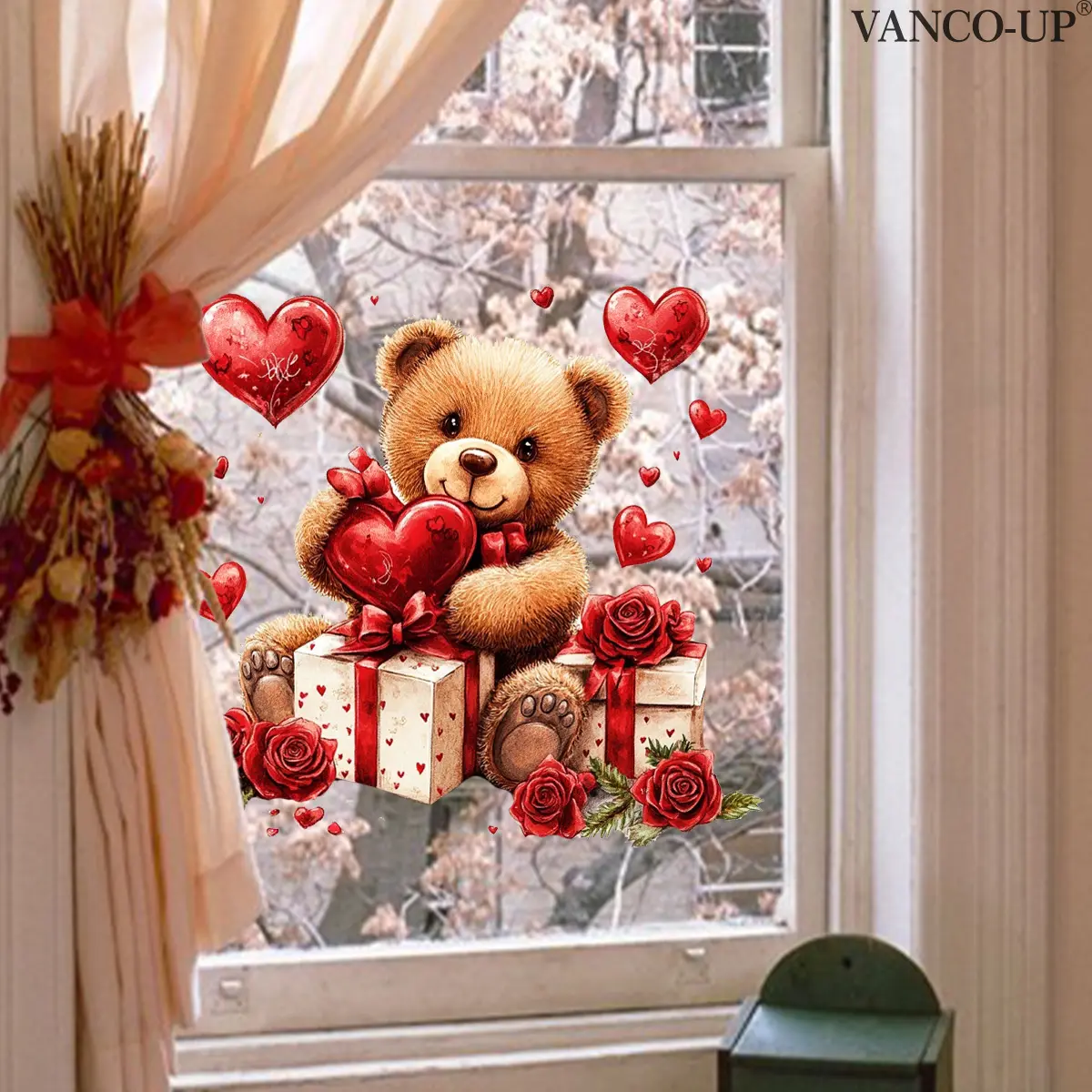 Valentine's Day Heart Rose Bear Window Sticker, 30x30cm 2D Static Cling, Holiday Decoration Background, Ha1020-Yc