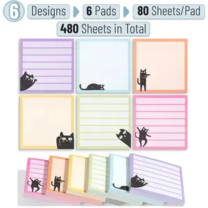 6 Pads Black Cat Sticky Notes Set, 3" x 3", 480 Sheets, Black Cat Sticky Notes, Memo Pads, Self-Stick Note Pad for Office, School, Home, Study & Organization