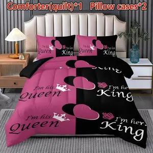 3-piece King Queen Heart Crown Print Couples Quilt Set (1 Quilt + 2 Pillowcases, Pillow Inserts Not Included), featuring U-shaped quilting, with 200gsm filling. Suitable for all seasons, it offers breathability, comfort, softness against the skin, and is