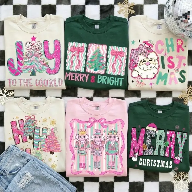 Pink Christmas Sweatshirt, Merry & Bright Holiday Graphic Crewneck, Floral Christmas Tree Pullover, Pink Santa Nutcracker Sweatshirt, Preppy Varsity Christmas Gift