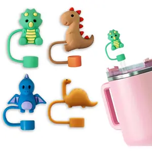 4 Pack Dinosaur Straw Cover Cap for Stanley Cup 30&40 Oz Tumblers, Animals Theme 0.4in/10mm Silicone Straw Topper Protector Lid with Cute Dinosaurs Kids Cup Accessories