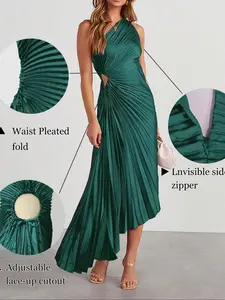 Women's Solid Color Pleated Maxi Dress One Shoulder Asymmetrical Neck Side Waist Cutout Accordion Pleats Full Skirt Satin Fabric Sleeveless A Line High Waist Draped Design Cocktail, Evening, Formal Wear Dress Hem Bodice Lightweight, Elegant Draped Style