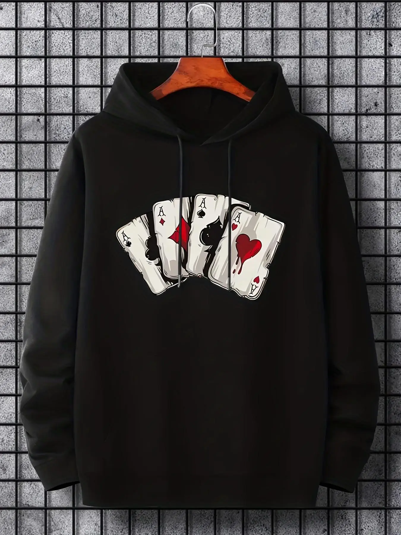 Men's Poker Print Drawstring Thermal Lined Sports Hoodie, Casual Loose Long Sleeve Hooded Sweatshirt for Daily Outdoor Wear, Men's Clothes for Fall & Winter