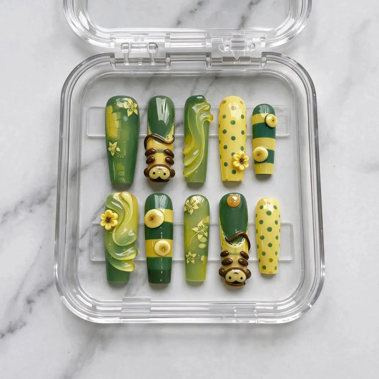Cute 3D Monkey Nails, Tropical Fruit Nail Set, Kawaii Yellow Green Press On Nails, Handmade Gel Nails