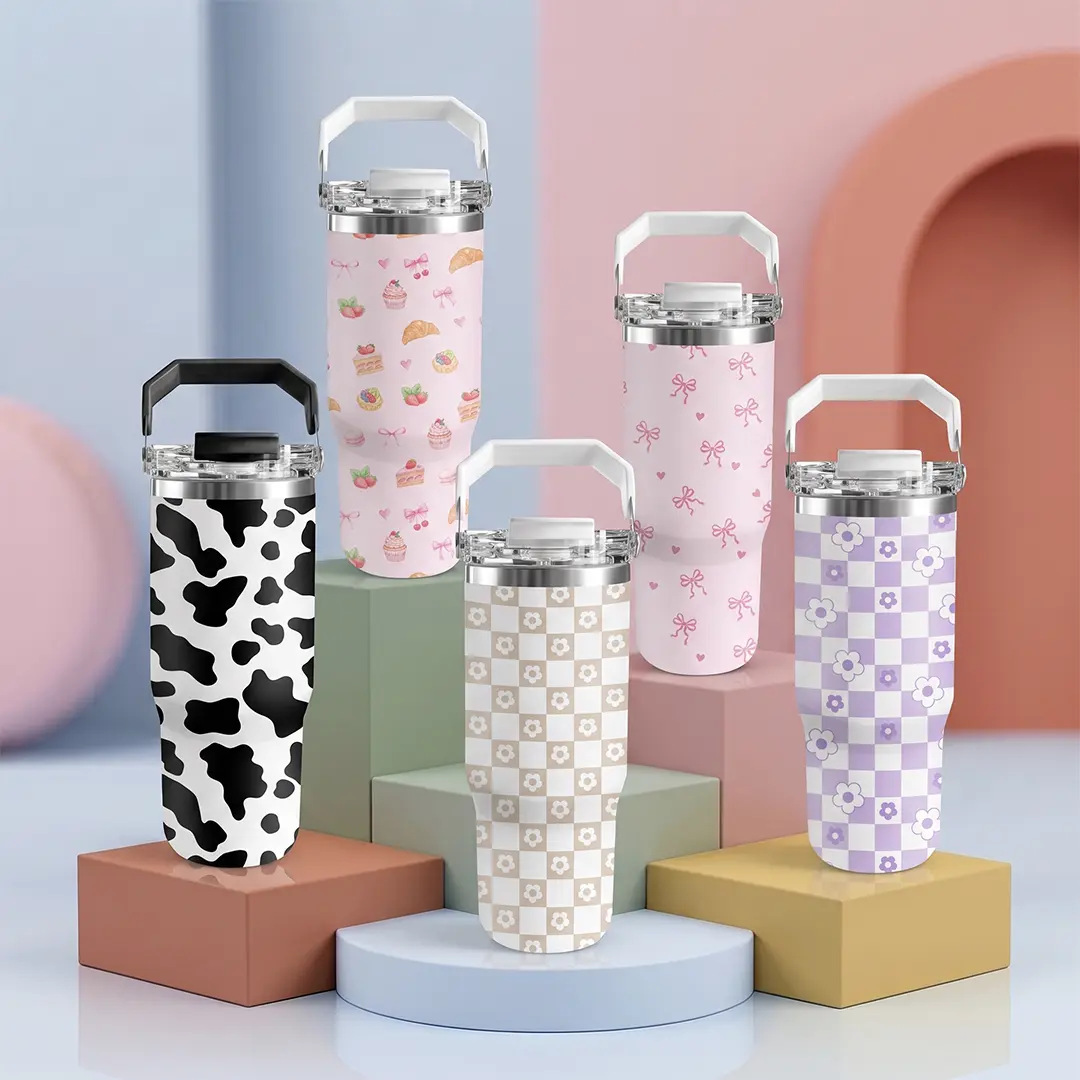 Women's 30oz Coquette Cute Print Insulated Tumbler with Handle, Pastel Aesthetic Leakproof Bow Cow Print Car Water Bottle, Ideal Gift for Girls, Water Bottles
