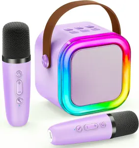 Mini Bluetooth karaoke speaker, portable speaker with 2 wireless microphones, cute karaoke Bluetooth speaker with RGB lights, ideal gift for kids aged 3 4 5 6 7 8 9 10 11 12 +, hlfl stereo sound subwoofers audio device