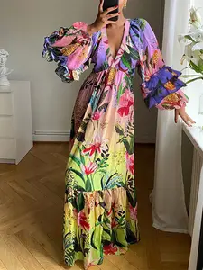 Boho Long Dress for Women, Deep V Neck Lantern Sleeves, Casual Floral Print, Perfect Holiday, Loose Fit Half Sleeve