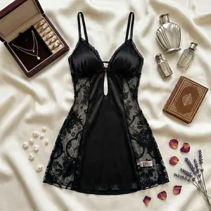 Women's Casual Elegant V-Neck Nightdress, Fitted Plain Design, Side Semi-Sheer Lace, All Season Comfort, Romantic Gift