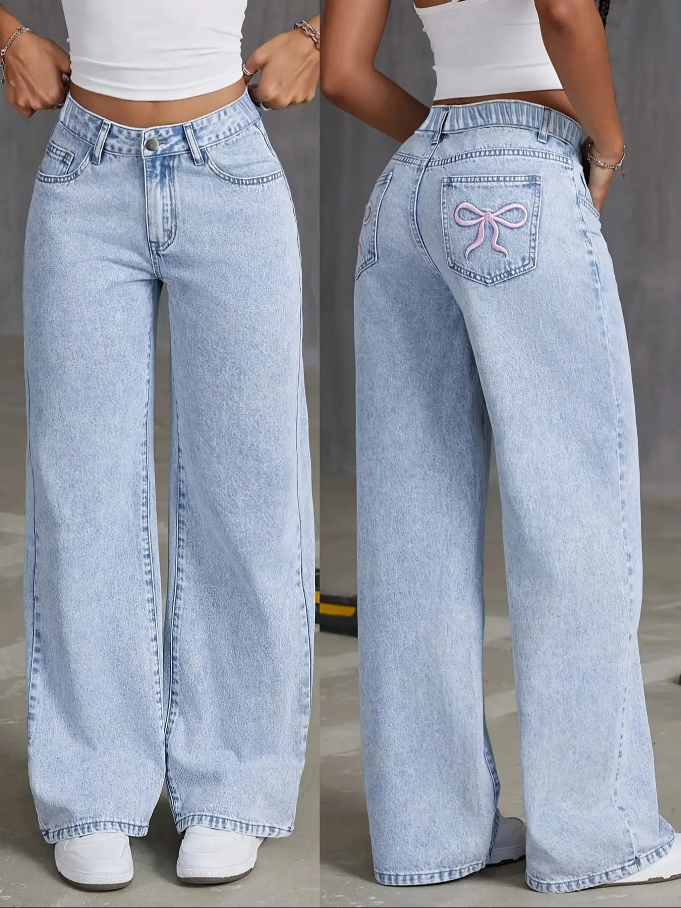 Teen Girls Washed Denim Casual Bow Embroidery Jeans Bottoms with Embroidered Bow Design, Loose Fit Elastic Waistband, All Season Wearable, Cute Style, Bow Decor Pants
