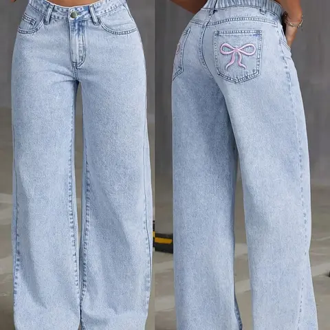 Teen Girls Washed Denim Casual Bow Embroidery Jeans Bottoms with Embroidered Bow Design, Loose Fit Elastic Waistband, All Season Wearable, Cute Style, Bow Decor Pants