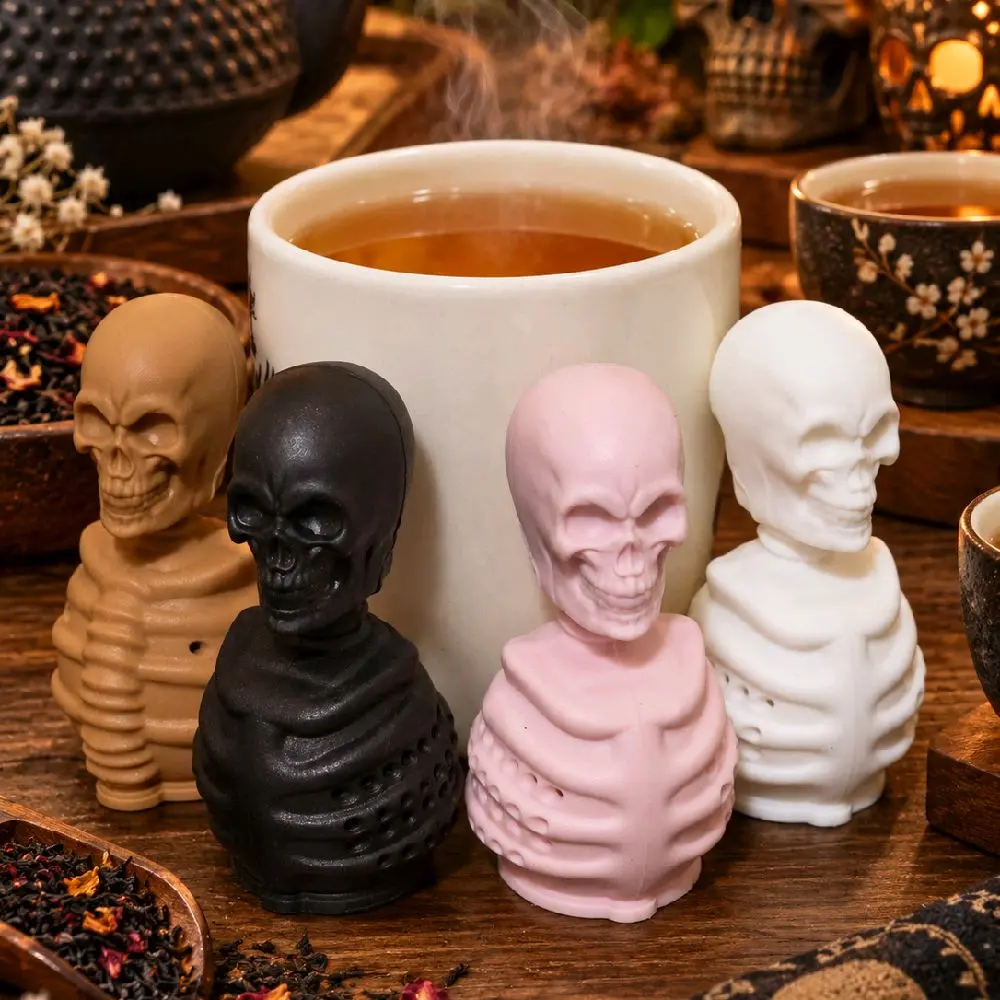 4-Piece Halloween Skull Tea Infuser Set - Reusable Silicone Strainer for Loose Leaf Tea