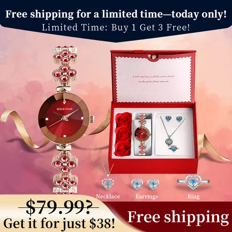 BOEYNOG Fashion Jewelry Watch Set Ladies' Four-Leaf Clover Bracelet Watch Luxury Design with Necklace Ring Stud Earrings Heart-Shaped Gift Box Romantic Love Expression Perfect Gift Her Birthday Anniversary Waterproof Adjustable Chain